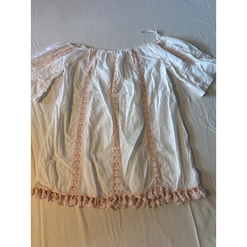 Blue Island Off Shoulder Top Women White Peach Swiss Dot Crochet Tassel